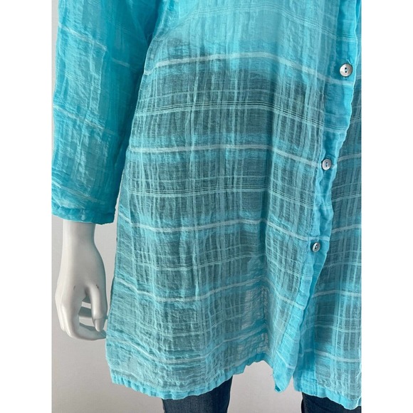 Cut Loose L Button Down Hanky Shirt Gauze Turquoise Long Sleeve Blouse Tunic - Picture 5 of 7